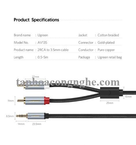 Ugreen 40840 0.5M màu Đen Cáp âm thanh 2 đầu Bông sen sang 3.5mm Dương đầu bọc nhôm mạ vàng AV135 30040840